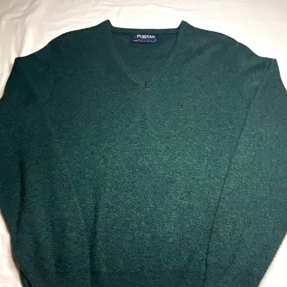 Vintage Puritan Men’s M Green Solid Knit Acrylic V-Neck Pullover Sweater (179)